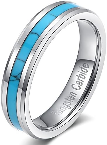 JustbandMens Womens 6mm Tungsten Carbide Ring Turquoise Wedding Engagement Band High Polished Beveled Edges Comfort Fit