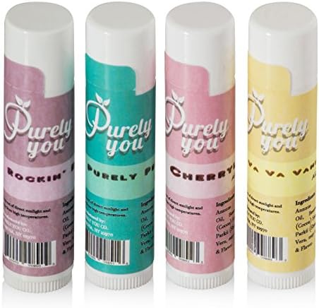 All Natural Lip Balm Set of 4 - Vanilla, Peppermint, Raspberry and Cherry Flavor - with Shea Butter, Vitamin E, Aloe Vera - Natural Lip Care Conditions and Repairs Dry Lips - by Purely You