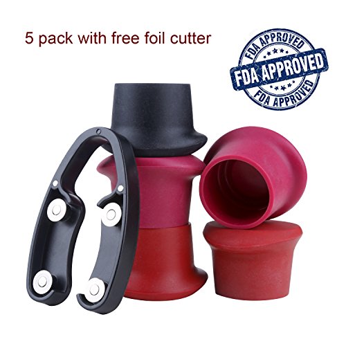 Reusable beer and Wine Stoppers,Silicone Beer Bottle Caps, Wine Cover Sealer Caps(5 pack with Free Foil Cutter)