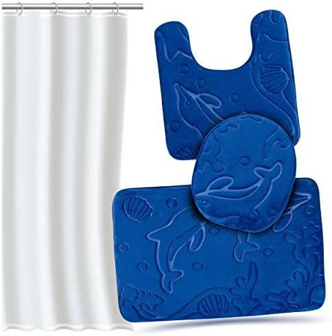 Effiliv 3 Piece Bathroom Rugs Set Memory Foam Bath Mats + Shower Liner, Blue