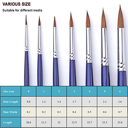 Artist Round Watercolor Detail Paint Brushes Natural Hair 7pcs for Watercolors, Acrylics, Inks, Gouache, Oil and Tempera