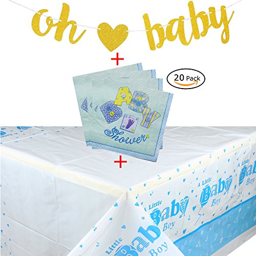 Gold Glittery Letters OH BABY With Heart Banner + Oh Baby Beverage Napkins + Oh Baby Tablecloth Table Cover for Boy and Girl Baby Shower (Blue)