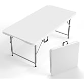 VINGLI 4 FT Plastic Folding Camping Table,3-Level Adjustable Height, Portable in/Outdoor Party Picnic Dining Desk, Garden Soccer Multipurpose Entertaining Activities，White