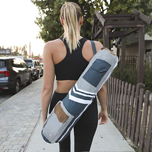 Organic Yoga Mat Bag- Eco Friendly Yoga Bag for Extra Wide Mats- Grey Blue Mat Carrier for Men & Women: Full Zip, Adjustable Carry, Pockets, GOTS 100% Cotton Canvas, Fair Trade Certified Environmental