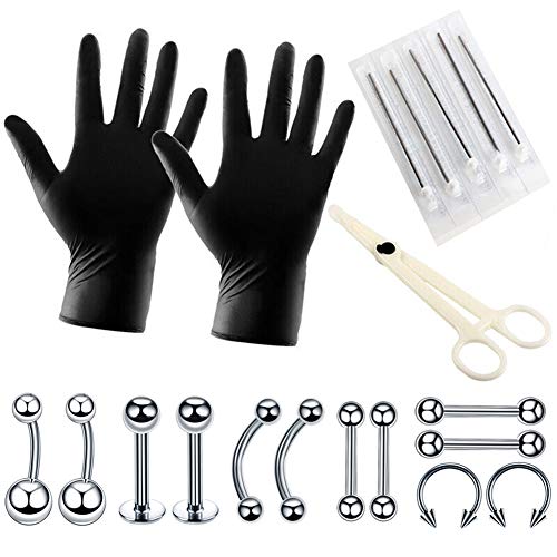 20PCS Professional Body Piercing Kit Stainless Steel Belly Ring Tongue Tragus Nipple Labret Lip Nose Piercing Needles Gloves Tools