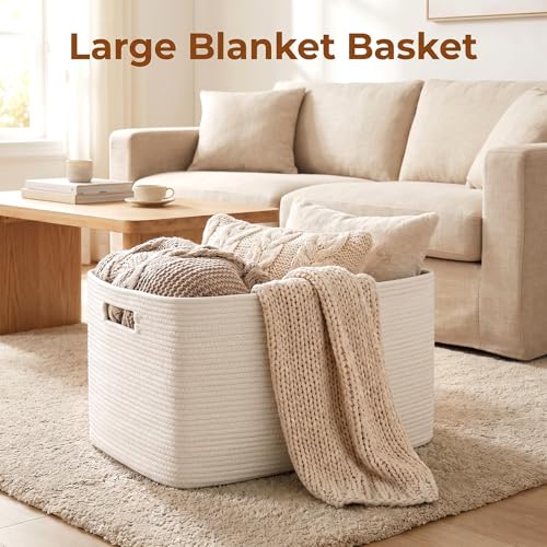 OIAHOMY 75L Large Blanket Basket, Woven Storage Basket with Handle, Cotton Rope Basket 22”x17”x12”,Blanket Basket Living Room, Toy Basket for Nursery, White