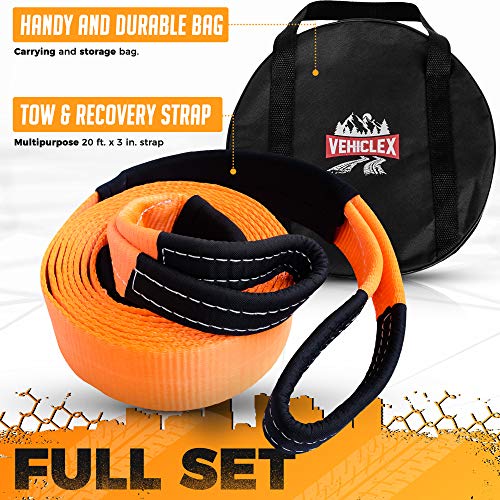 Vehiclex Recovery Tow Strap 3" x 20' - 33000lbs - Heavy Duty Off-Road Snatch Strap, High Visibility Industrial Webbing, Reinforced Loops, Protective Sleeves - Truck Towing Accessory, Bonus Storage Bag - Thumbnail 2