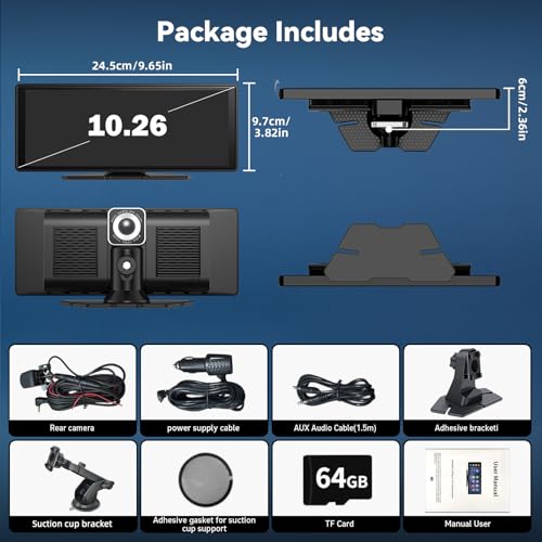 10.26" Pantalla Carplay Coche para Apple CarPlay & Android Auto, Táctil Pantalla con 4K Dash Cam / 1080P Cámara Retrovisora, CarPlay Autoradio Pantalla Táctil Soporta Doble WiFi / Video