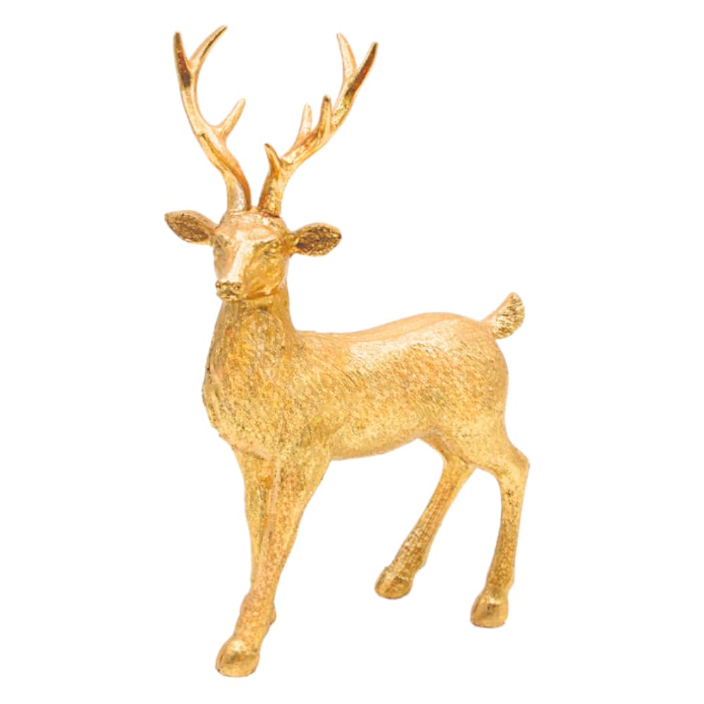 Ceramic Decorative Figurine, Modern Decorative Statue, Country House Sculpture as Deer in Gold Glitter, Standing, L/W/H: 19 x 9 x 28 cm