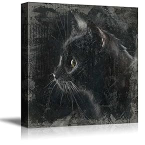 Square Cat Series Canvas Wall Art - Black Cat on Grunge Background - Giclee Print Gallery Wrap Modern Home Art Ready to Hang - 12x12 inches