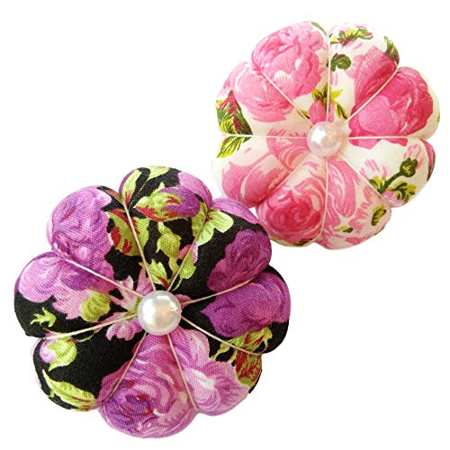 CUSHYSTORE 2X Pink Purple Wrist Flower Floral Garden Pin Needle Cushion Pincushion Wearable Pumpkin Sewing Holder Safety with Adjustable Elastic Band for Girl Women Gift