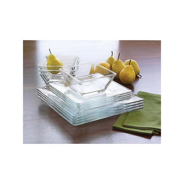 Libbey Tempo Glass Dinnerware Set, Sleek Square Clear Glass Plates and