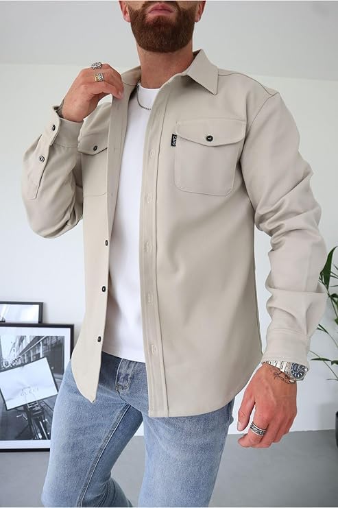 ArknAv Men's B Button Down Shirt Jacket - Casual Stylish Shirt Jackets for Youth