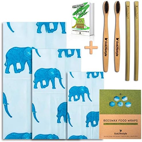 EcoLifestyle Beeswax Wraps | Set of 3 | Small, Medium & Large + 2X Bamboo Toothbrushes & Straws & EBook Friendly Food Wraps | Alternative to Cling Film Zero Waste Plastic Free, Sustainable (Elephant)