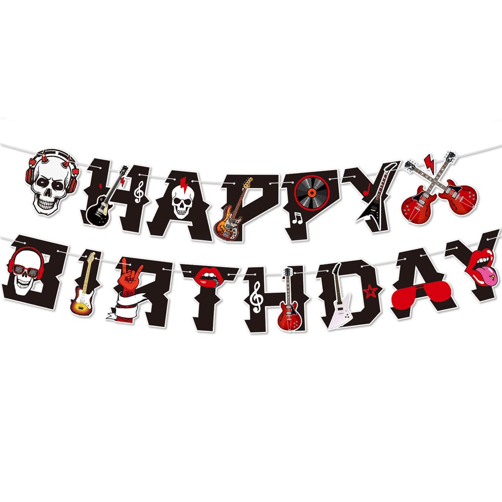Rock Music Themed Happy Birthday Party Banner,Retro Black Red Rock and Roll Music Note Guitar Hanging Bunting Letter Banner Paper Garland for 50s 60s Rock Birthday Party Decoration Supplies