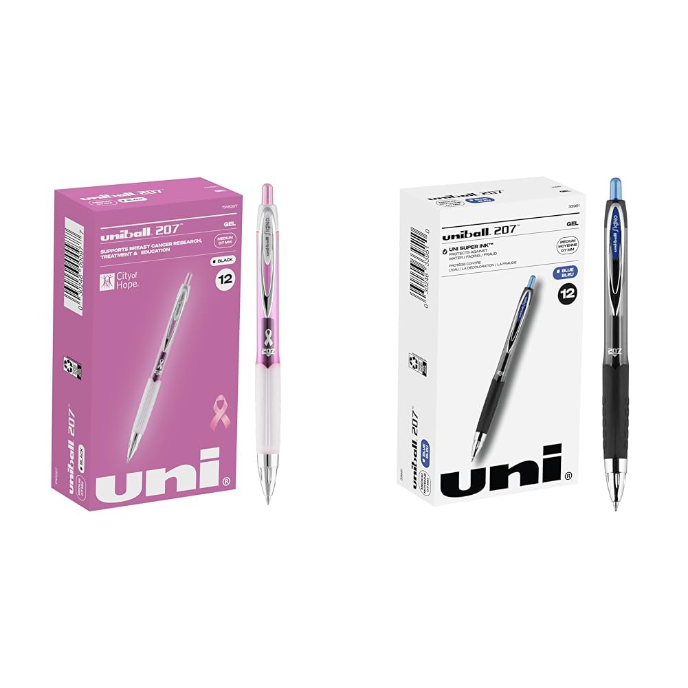 Uniball Signo 207 Pink Ribbon Gel Pen 12 Pack, 0.7mm Medium Black Pens, Gel Ink Pens & Uniball Signo 207 Gel Pens, 0.7mm Medium Blue, 12 Pack - Smooth Writing Office Supplies Image