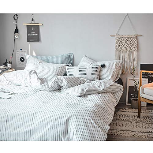 FOSSA Washed Cotton Duvet Cover Set Queen 3 Piece Bedding Sets Soft Wrinkled Striped Design (Queen, White&Black Stripes)