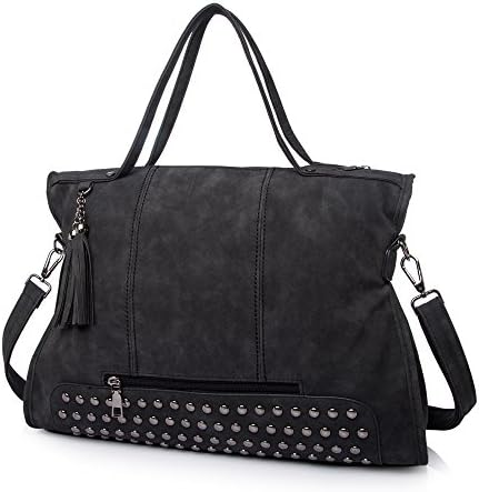 Women Handbag,Women Bag,Shoulder Bag KINGH Retro Nubuck PU Leather Rivets Tassels Handbag 027 Black