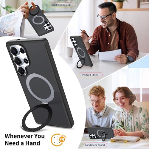 Case for Samsung Galaxy S25 Ultra with Magnetic Stand, Magsafe Case with Rotating Ring, Wireless Charging with Invisible Ring Stand Case Samsung S25 Ultra Protection -Black