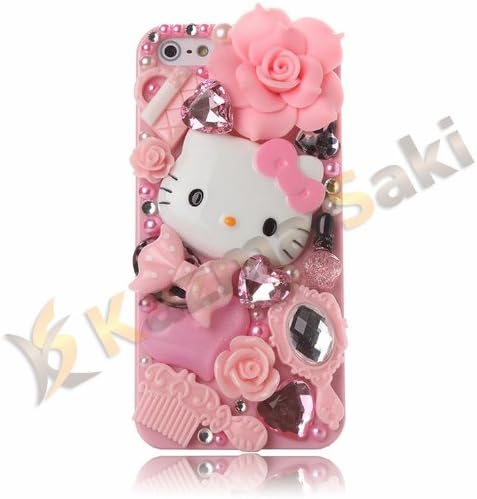 Kazma Saki(TM) 3D Bling Crystal Luxury Design Rhinestone Hello Kitty Diamond Case Cover For Apple iPhone 5 5S (Package includes: 1 X Kazma Saki Inc Screen protector, extra backup crystal) (Pink)