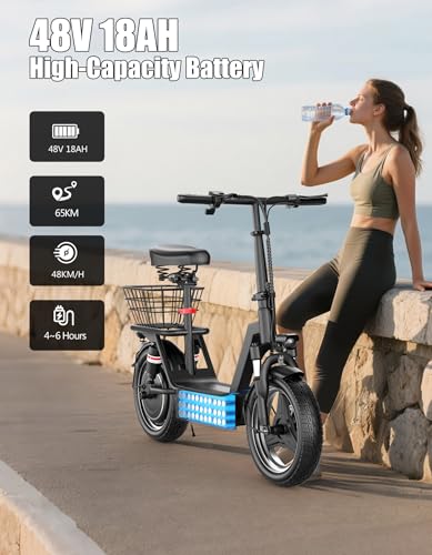 1400W Peak Motor Electric Scooter for Adults, 65 KM of Range Scooter with Seat, 48KM/H Top Speed, 48V Battery, Dual Suspension, Foldable E Scooter for Cargo, Commuting