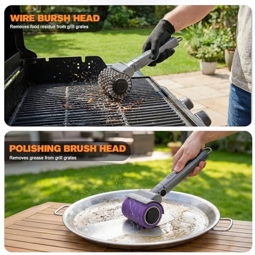 Electric Grill Brush, Cordless Rechargeable Electric Grill Cleaner with 2 Heads, 3 Speeds, Angle Adjustable, 150-Min Runtime BBQ Brush for Outdoor Barbecue Grates