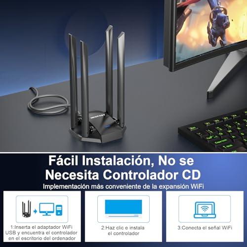 NEWFAST USB WiFi Adapter for PC, 4 x 6dBi High Gain Antenna, AC1300 Dual Band 5GHz&2.4GHz USB WiFi Antenna for PC Compatible Windows XP/7/8/8.1/10/11
