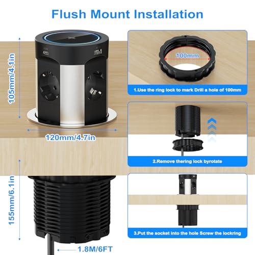 Built-in 9-in-1 Worktop Socket, 4-Outlet Retractable Power Strip 2 USB-C PD 75W Total, Qi Wireless Charging 15W, Pressure Open, Cable 1.8 m, Ø100 mm, Black