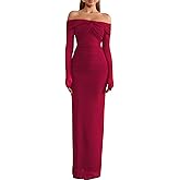 Off Shoulder Long Sleeve Bodycon Maxi Dress Mesh Twist Ruched Wedding Guest Formal Party Fall Dresses for Women