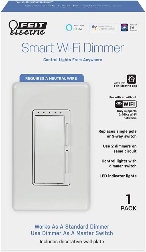 Feit Electric DIM WiFi Light Compatible with  Alexa and Google Assistant, Wiring is Required Smart Dimmer Switch, White - - 