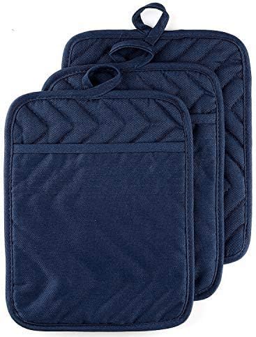 VEIKERY Cotton Pocket Pot Holders Machine Washable Heat Resistant Hot Pads for Kitchen and Baking Square Navy Blue Oven Mitts 7"x9" Set of 3