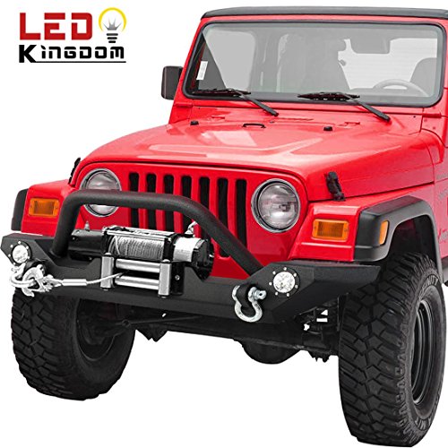 LEDKINGDOMUS 87-06 Jeep Wrangler TJ/YJ Heavy Duty Rock Crawler Front Bumper With Winch Plate and LED Lights, Textured Black