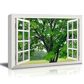 Canvas Wall Art - Window Peering into a Field with a Large Lucious Green Tree - Giclee Print Gallery Wrap Modern Home Art Ready to Hang - 12x18 inches