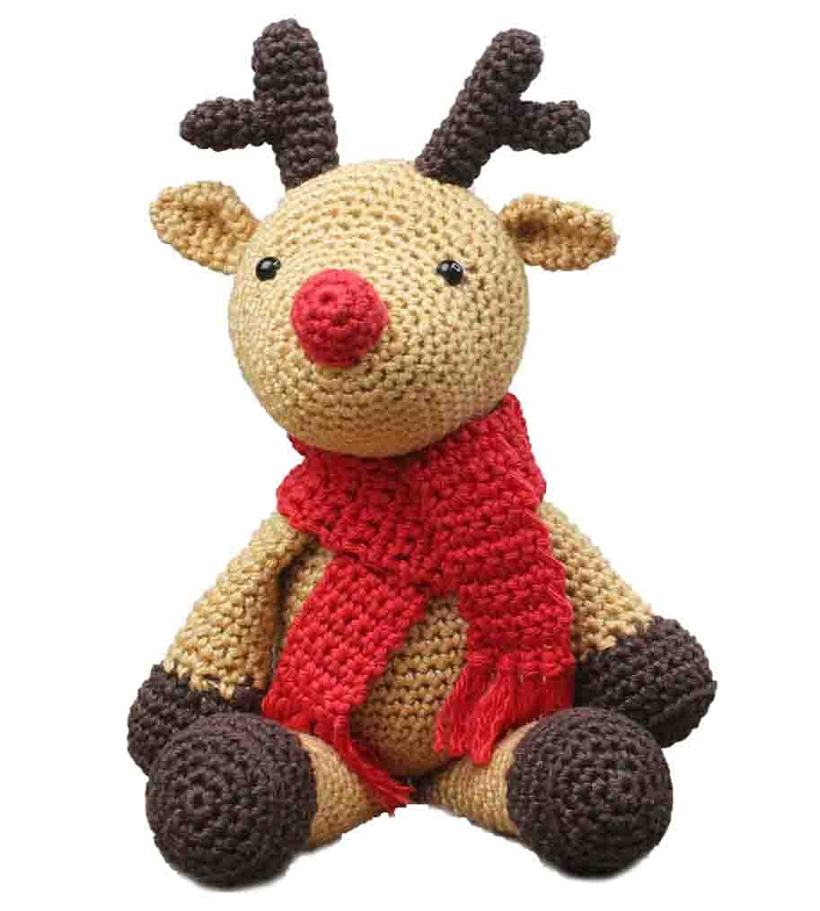 Hardicraft Crochet Kit for DIY with Instructions and Material Christmas Decoration Reindeer Rudolf, Approx. 24 cm, Brown,Red