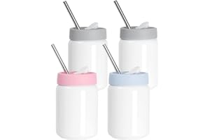 PYD Life Sublimation Mason Jar Tumbler Blanks White 16 OZ with Silicon Lid and Metal Straw Stainless Steel Cups Mugs for Cricut Mug Press and Tumbler Press Print 4 Pack