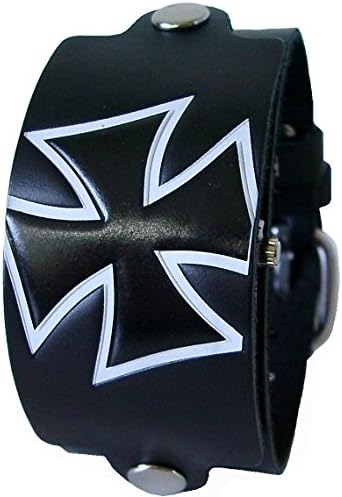 Beyond Men's Iron Cross Covered 2 Layer Watch - White Black Snap Off Genuine Leather Wide Cuff Band