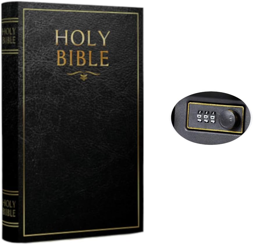 Real Pages Portable Diversion Book Safe with Combination Lock - Hollowed Out Book with Hidden Secret Compartment for Jewelry, Money and Cash (Bible) (Small)