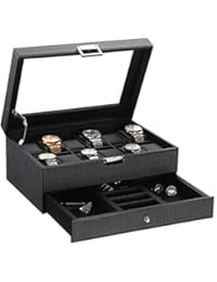 BEWISHOME Watch Box Organizer with Valet Drawer - Real Glass Top, Adjustable Tray, Metal Hinge, Carbon Fiber Design - 12 Slots Watch Storage Case for Men, Black SSH02C