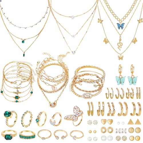 NEWITIN 93 Pieces Gold Jewelry Set for Women Fashion Costume Jewelry Gold Plated Ear Cuffs Necklaces Bracelets Rings Earrings Set for Women