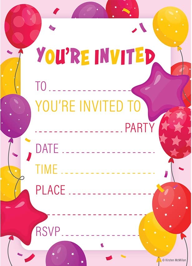 Kirsten McMillan 32 Purple Birthday Party Invitations for Kids with Envelopes - Pack of 32 Balloon Party Invites for Girls & Boys - Designed and Printed in the UK