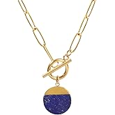 TaYolnFaSo Natural Stone Paperclip Toggle Necklace Dainty Size Heart/Round Teardrop Gemstone Paper Clip Chain Necklace Birthstone Jewelry Gift for Women