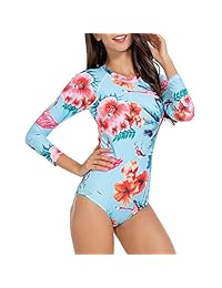 ZEALOTPOWER Traje de baño de una pieza para dama de manga larga con cremallera trasera UV UPF 50+ con protección solar estampada