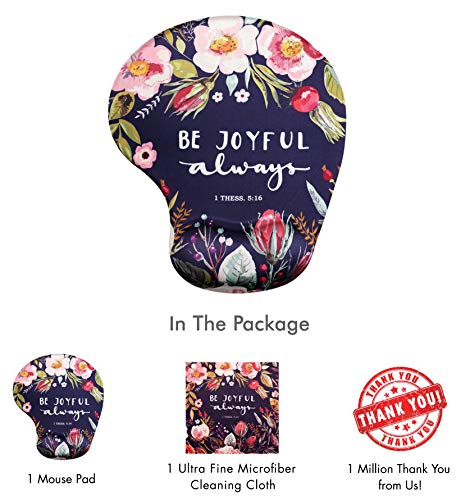 Bible Verses Be Joyful Always Ergonomic Design Mouse Pad with Wrist Support. Gel Hand Rest. Matching Microfiber Cleaning Cloth for Glasses & Electronics. Christian Mouse Pad for Laptop & Computer
