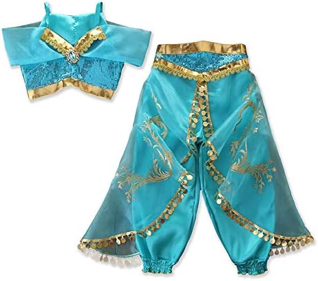 Greetuny Princess Jasmine Costume for Girls 3-8 Years Cosplay Costume Onesie Blue Dreamy Set Theme Party Dresses