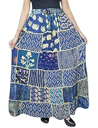 Women's Maxi Skirt Blue Printed Patchwork Hippie Chic Long Skirts SM