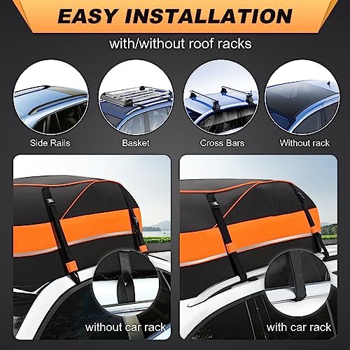 Sailnovo 430L Waterproof Foldable Soft Car Roof Box, Car Roof Bag for Travel with Reinforced Straps/Door Hooks (15 CU.ft, Non-Slip Mat, 4 Hooks, Orange)