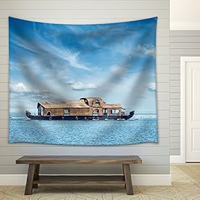 Tourist houseboat in Vembanadu Lake, Kerala, India - Fabric Wall Tapestry Home Decor - 51x60 inches