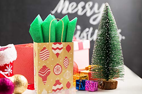 Kiddokids 24 Christmas Kraft Gift Bags + 24 Tissue Papers (Green & Red); Xmas Theme Party Favors Goody Bags.