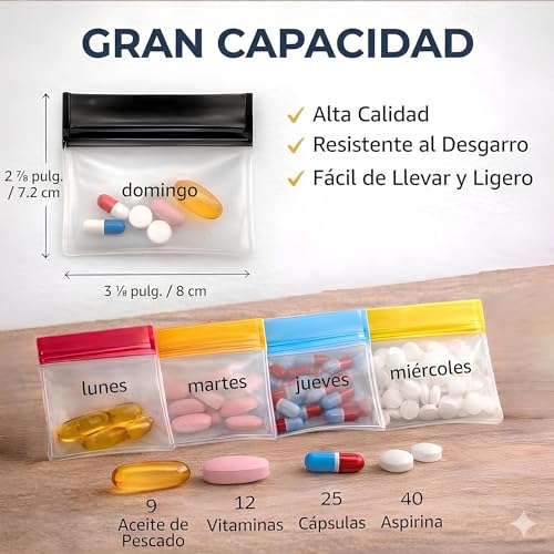 Pill Pouch Bags, Reusable 7-Day Durable Multi-Purpose Travel-Sized Container, Mini Pills Baggies, Clear Lockable Bags, Colored Days of the Week, Medicine Organizer Storage Pouches |Pill Cutter