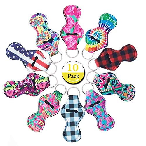 Huihui Decoration 10 Pieces Lipstick Holder Keychain Keyrings Neoprene Chapstick Key Chain Holder Lip Balm Holder Keychain with 10 Different Vibrant Prints (10 Pack)